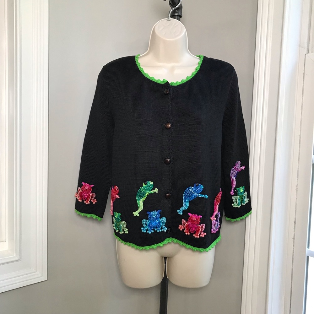 Vintage Michael Simon Beaded Frogs Cardigan Sweater ~ Women’s Small